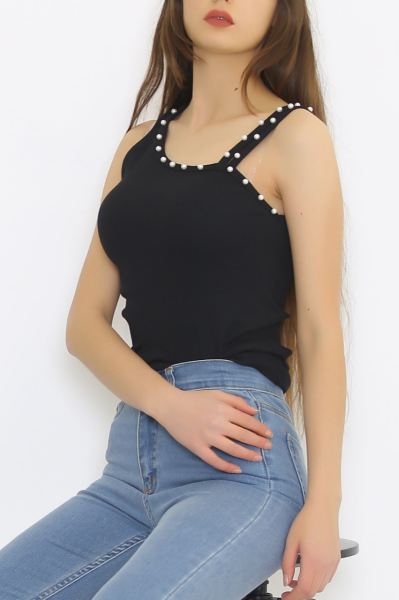 Tek Omuz İncili Body Siyah - 8814.1187.