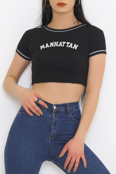 Nakış Yazılı Crop Siyah - 8825.1567.