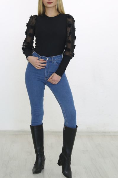 Tül Kollu Bluz Siyah - 8621.224.