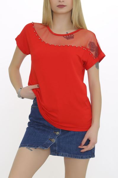 Tül Ve İncili Bluz Kırmızı - 8663.599.