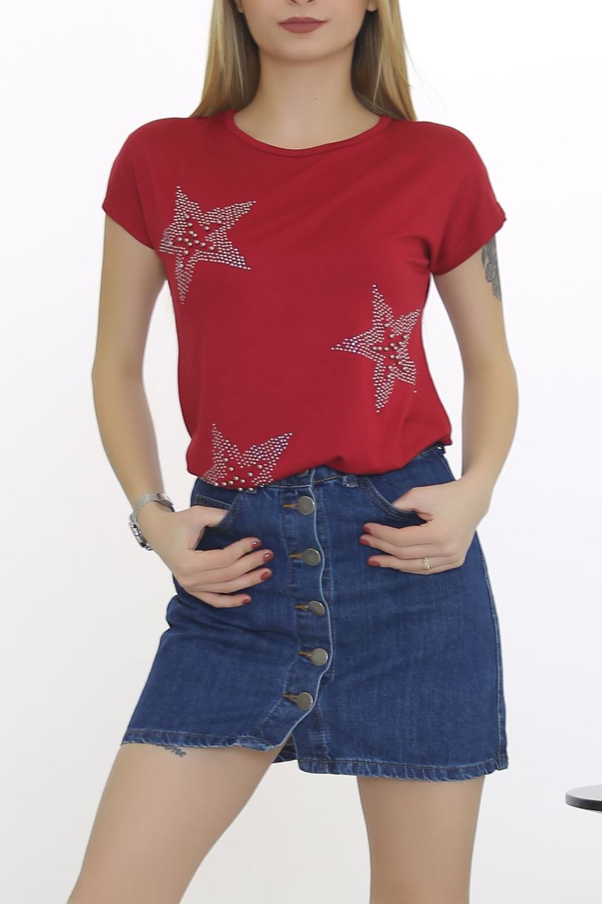 Taşlı İncili Bluz Bordo - 8675.599.