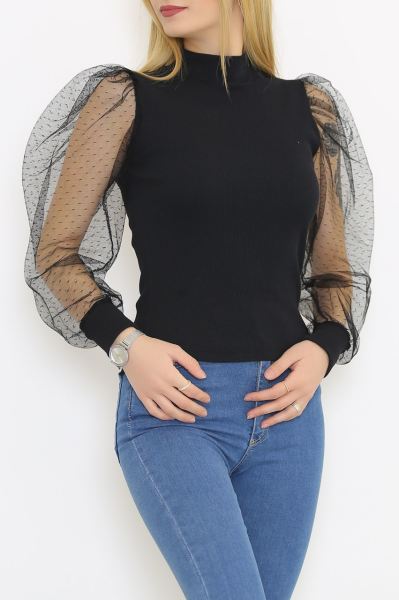 Kolu Tüllü Bluz Siyah5 - 8603.316.